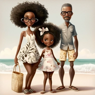 Happy Black Girl and her mom and dad Smiling at the beach ib sag harbor art,black girlsclipart, Funny black girl , Cheerful african american girl child png, clipart, afro ,Full body with legs , Cottage core , preppy , Highly detailed close-up portrait , standing , Nicoletta Ceccoli, Mark Ryden, lostfish, Earl Nor, global lighting, divine rays, detailed and intricate surroundings, sf, intricate artwork masterpiece, ominous, matte painting movie poster, blue ratio, trending on cgsociety, intricate