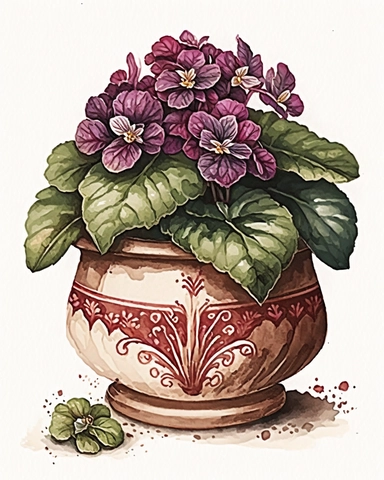 african violet burgundy flower in cute pot with ornament, watercolor style, hand painted, white background, tempera clipart