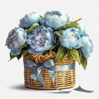 Watercolour realistic pastel blue peonies in wooden wicker basket with delicate ribbon bow wrapped around it intricately realistically detailed pastel blue peonies, PNG image,transparent background ,ultra highly detailed, 18k, sharp focus, bright photo with vibrant colours, digitally enhanced,photographic, enhanced graphics, png format, straight, sharp focus, bright lighting, intricate detailed png image ,high definition,300dpi,graphic clipart,computer graphics