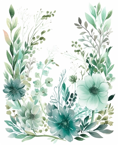 rectangle floral frame, thin border, green flowers and leaves, minimal with white space in middle, clipart, watercolor flowers, hand drawn, white background, clipart,