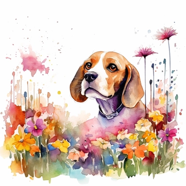 Curious Beagle exploring a colorful flower garden, white background, watercolor clipart