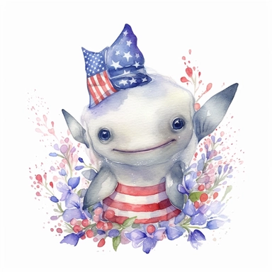 4th of july,cutest little nursery shark with big eyes, full body, pen and ink with watercolor, seaweed, jelly fish, little fish, pearlescent horn, sparkles, glittery, clipart sheet, nurseycore