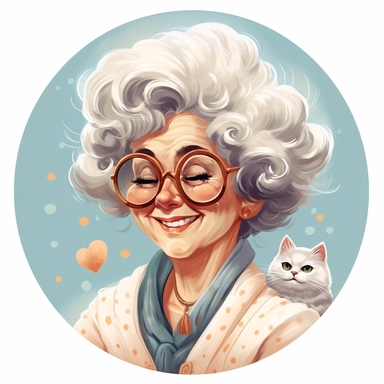 clipart of an old lady who loves cat, curly 80's styled hair, smiling with a formal outfit on and cute circular glasses on. Should be a cute bubbly style