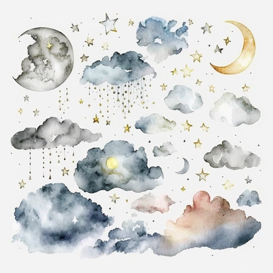clouds, moon,stars, watercolor,all white background, clipart