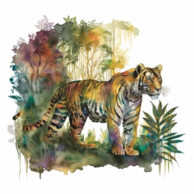The holographic rainforest is alive with vibrant colors and natural beauty, illuminated by inviting lighting that captures every detail. In the midst of the lush greenery, a majestic tiger prowls through the underbrush, adding a sense of excitement and wonder to the scene. Watercolor. Clipart. brings the rainforest to life in a unique and captivating way, creating an eye-popping display that is sure to amaze. The best view composition transports the viewer right into the heart of the jungle, whe
