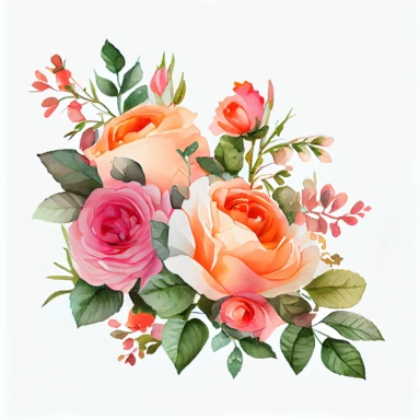 one bouquet arranged roses watercolor clipart, the colors are Apricot Orange and Bubblegum Pink arranged clipart, watercolor, 8k, white blank background