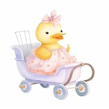 watercolor clipart, adorable knitted kawaii royal baby duck on royal buggy, baby nursery, 8k, hd, isolated on a white background