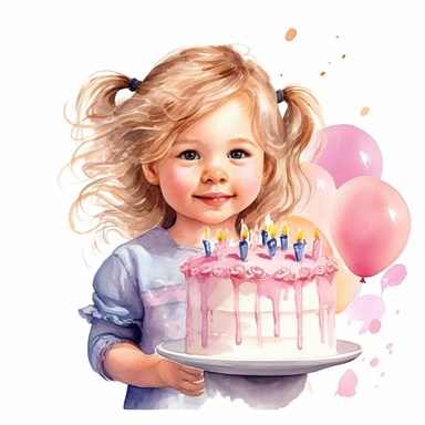 watercolor of a birthday child girl isolated on a white background, detailed ,realistic ,rtx on,textural richness,colorful imagery,digital illustration, clipart,