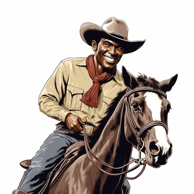 clipart, 1950s handome black man that is a cowboy on horse looking at camera smiling, inspired by the”Lone Ranger” 1950s comic book, white background,