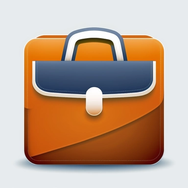 modern flat icon for application, icon represents career category. icon is depicted by an orange briefcase. background color orange or gradient orange navy blue. icon colors navy blue and white. clipart style. no shadows. square icon with curved edges. details