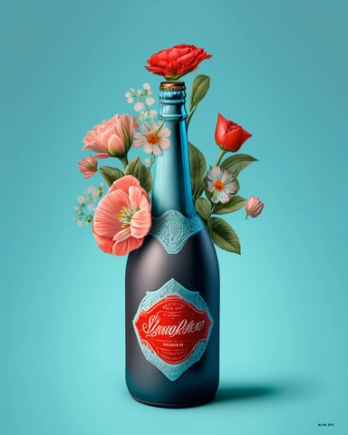 a photograph of a black champagne Bottle clipart with Pale red flowers colors, Perfect for a springtime garden party with a vintage theme, blue background, where a light blue tone adds a touch of freshness and vibrancy. Ultra realistic, there should be plenty of negative space