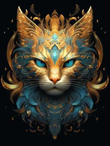 A cat portrait in a gold dress with ornate gold tattoo, in the style of dark blue and light aquamarine, fractal patterns, mind - bending murals, dark cyan and orange, zbrush, depictions of animals, distinctive noses, clipart png, photorealistic, watercolor, digital painting, WHITE BACKGROUND, fantasy style, realistic, painting, 8k, ultra details,