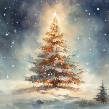 watercolor clipart of a christmas carol lighted tree is sitting, in the style of wollensak 127mm f/4.7 ektar, high dynamic range, svetlin velinov, joyful celebration of nature, snow scenes, akos major, digitally enhanced
