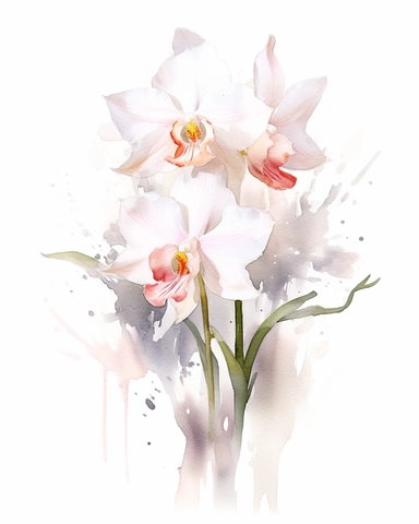 watercolor sketch of an orchid and white flower composition, Carnation pink and champagne pink, clipart, clean and simple design, realistic color scheme, high-contrast image, white background, long exposure style,