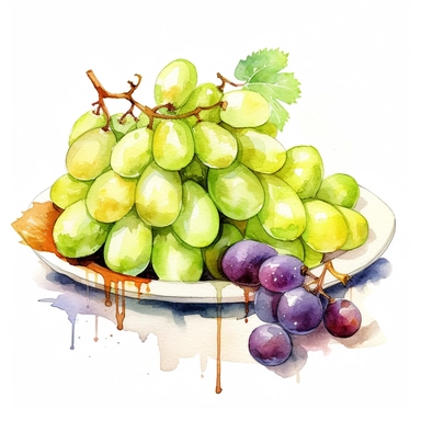 An Green Grapes fruit with a slice cut out, placed on a plate or tray with other fruits or desserts , Watercolor, pastels, clipart, beautiful, colourfull, png transparent white background, high resolution, no caption q4 s2