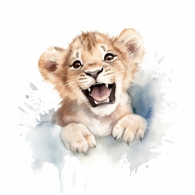 an enchanting watercolor clipart image with a white background, featuring a baby lion cub with a big smile on its face, its innocent eyes and joyful demeanor capturing the essence of pure happiness.