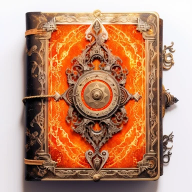 A beautifully patterned creepy grimoire spellbook in varying hues of captivating orange, D&D item, stunningly beautiful, refined and sophisticated, Hand drawn, Roberto Ferri, Clipart, watercolor, white background, intricate detail