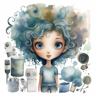 watercolour clipart of a girl, with crazy brawn hair, blue-gray eyes, the sweet and scatterbrained dreamer, with a great sense of humor. She immerses herself in the world of digital design, creating exquisite papers for scrapbook albums. Though she may of