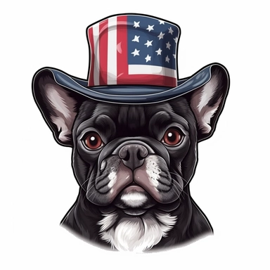 sticker, white background, black pround french bulldog, in style Independence Day in usa, hat with an american flag, clipart