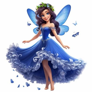 a beautiful smiling fairy girl, royal blue dress, big fairy wings, lovely butterflies all around her, pixar style, full body image, clipart, white background
