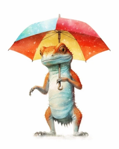 a realistic baby Umbrella Lizard. clipart with watercolor illustration, full body shot ,8k, style of Bohemian, style of Anna Süßbauer and Jon Klassen,vector, Vector, white background,Solid Background, Sharpness and clarity, masterpiece, trending on Artstation and Dribbble.