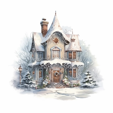 stunning gingerbread house in snow, soft faded colors, Christmas clipart