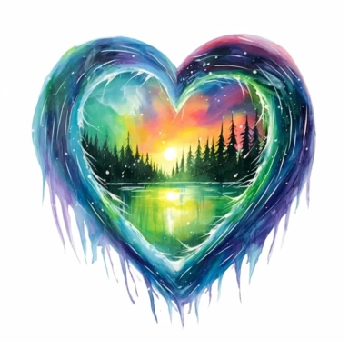 painting of a heart with the northern lights inside of it, in the style of enchanting realms, nature-inspired installations, bloomcore, mesmerizing colorscapes, skillful, fluid and organic, clipart, blank white background
