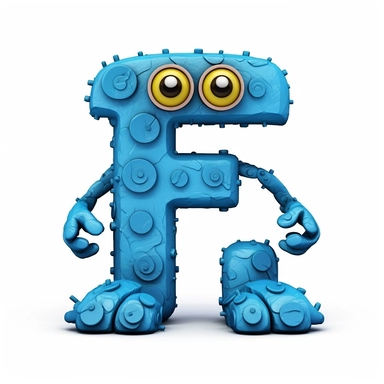 clipart style blue letter F with black line, with arms, legs and friendly cute face for children, isolated, white background,
