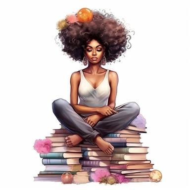 imagination, Clipart illustration of afro cosmepolitian woman sitting on top of books, realistic in the style of nene thomas