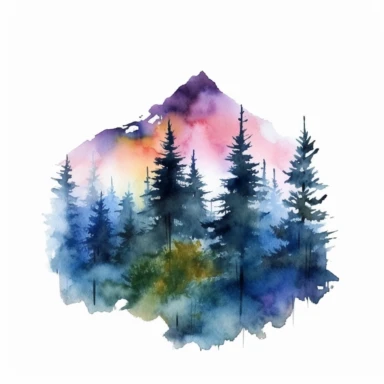 misty mountains in the distance, tall forest trees, watercolor clipart, bright colors, minimalist, isolated white background, 8k