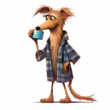 a very skinny dog with frizzed out hair, holding a mug of coffee, tired, flannel plaid pajamas, perfect placement of tail, cartoon, pixar style, full body image, clipart, white background