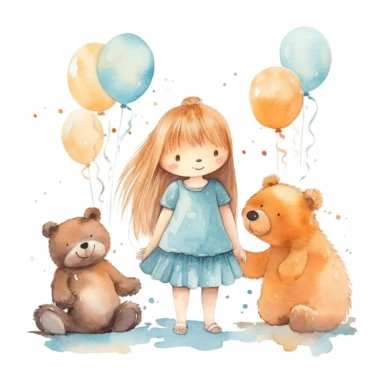 watercolor clipart cute bears with little girl, in the style of uhd image, naturecore, whitcomb-girls, cottagecore, light orange and dark cyan