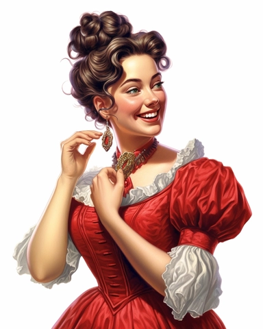 detailed smiling beautiful lady , dressed in a red victorian vintage dress putting earrings, hyper realistic, 8k, isolated on white backgorund, clipart