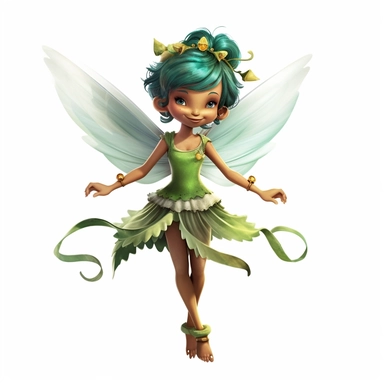 Cheerful little fairy with green wings, standing on tiptoes, exuding happiness through a smiling face, deep, captivating eyes, and glistening wings, against a white canvas adorned with deep, contrasting tones. on white background, clipart