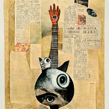 Punk Rock DaDA Surrealism Collage Art as illustrated by Hannah Hoch, DaDa+Surrealism, Ultra-HD, include picture cutouts of feet+guitars+newspaper clipppings