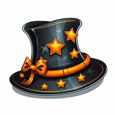A witch hat. Black with an orange ribbon around the brim, star and moon decorations on a vibrant-colored brim. White background, vector, cartoon clipart, contour.