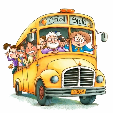 2d cute clipart of an older greying bus driver happily driving a school bus full of kids to school, white background