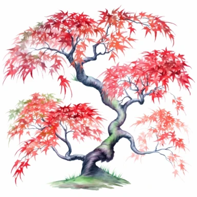 Watercolor, Japanese Maple Trees, old, long branches, Clipart, springtime japanese trees, forest, grass, white background