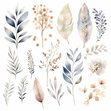 Watercolor Elegant Neutral Colors whites, creams and grays Bohemian leaves, Floral Clipart, Bohemian Wild Flowers, Bohemian Leaves Watercolor, 8k