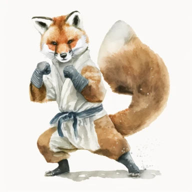 Karate Fox watercolor clip art illustration, white background