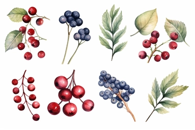 Watercolor clipart collection of matching and coordinating burgundy berries and green leaves, isolated elements on a white background with a wide margin