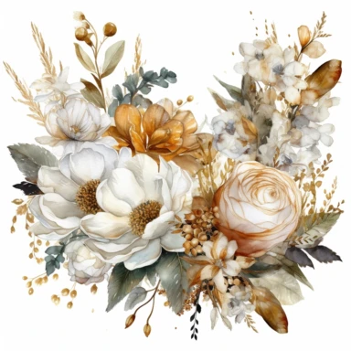 intricate three small bouquets of different white wild fall flowers with golden detail watercolor clipart, luxurious textures, nature-inspired pieces, very high resolution, white background