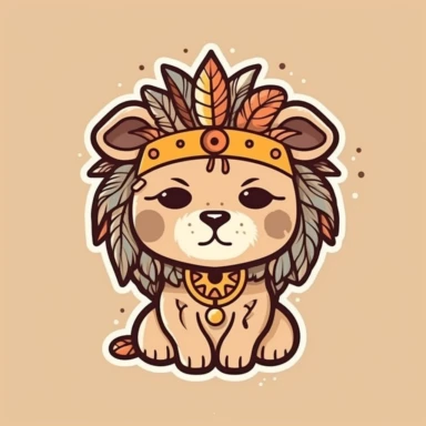 cute lion indian chief, sticker, kawaii style, vector clipart, black outline