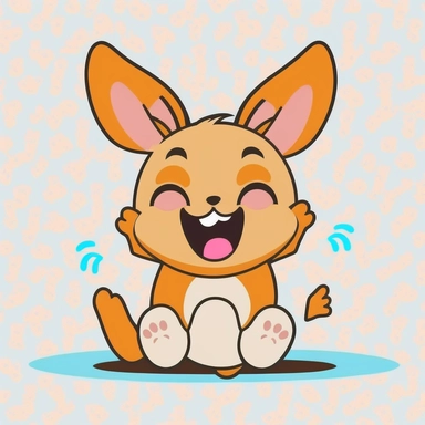 Create a cartoon clipart graphic that depicts a cute rabbit cub playing and laughing . The rabbit cub should be smiling and jumping around with its paws in the air, having a great time. You can exaggerate its features to add a fun touch, such as making its ears extra big or its nose extra round. Make sure to use bright and cheerful colors to capture the playful atmosphere of the scene. The background should be a plain white color to make the rabbit cub stand out. Add some funny sound effects or 