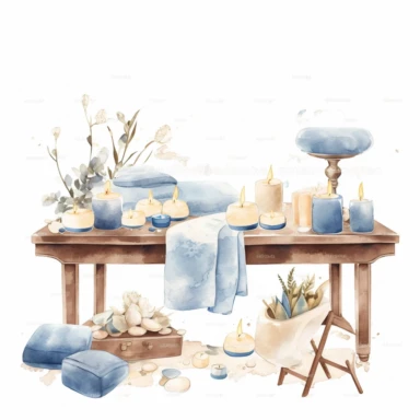 watercolor, hyper realistic, white background, white margins, 16k, ultra detailed clipart, cut out image, hand-drawn, whimsical a luxurious spa scene with a massage table, aromatic candles, and soothing elements like stones and flowers. Tranquil Blue and Soft Sandy Beige