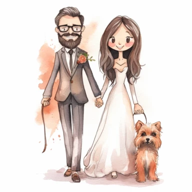 Watercolor clipart cute tall slim kawaii elegant groom wearing glasses with a beard walking hand in hand with a bride with long straight hair wearing glasses smiling , with a small shaggy dog on a leash