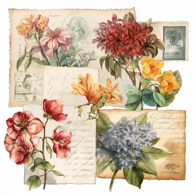 watercolor, hyper realistic, no background, have margins, 8k, ultra detailed clipart, no text, no logo, no trademark some vintage postcards, Use a warm color palette and add details like handwritten notes and postage stamps for an authentic look.