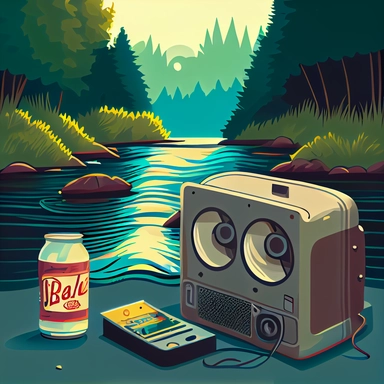 a wide view scene of a beer can, a beer bottle, a VHS tape, an old Television, and a Zyn can floating in a river. clip art, cartoony, bokeh, depth of field