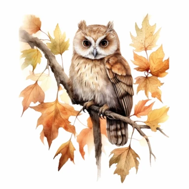 watercolor, hyper realistic, white background, white margins, 16k, ultra detailed clipart, cut out image, hand-drawn a wise owl sitting on a tree branch, surrounded by falling leaves, symbolizing wisdom and the changing seasons in the style of marianne st