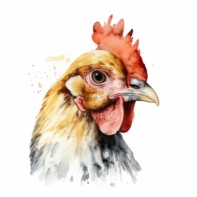 Highly detailed and realistic chicken head Watercolor Clipart, transparent background, watercolor and black ink, on white background, NO TEXT,NO WATERMARKS